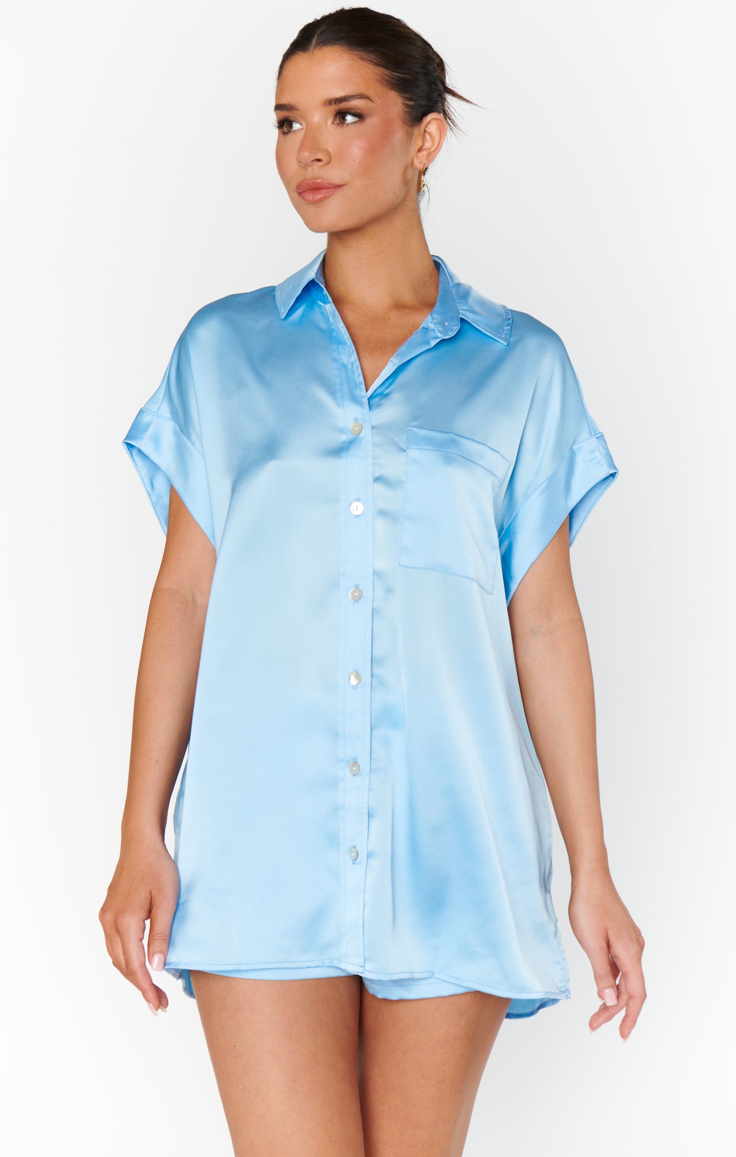 Simple Blue Button Up Best Day Button Up ~ Baby Blue Luxe Satin – Mumu